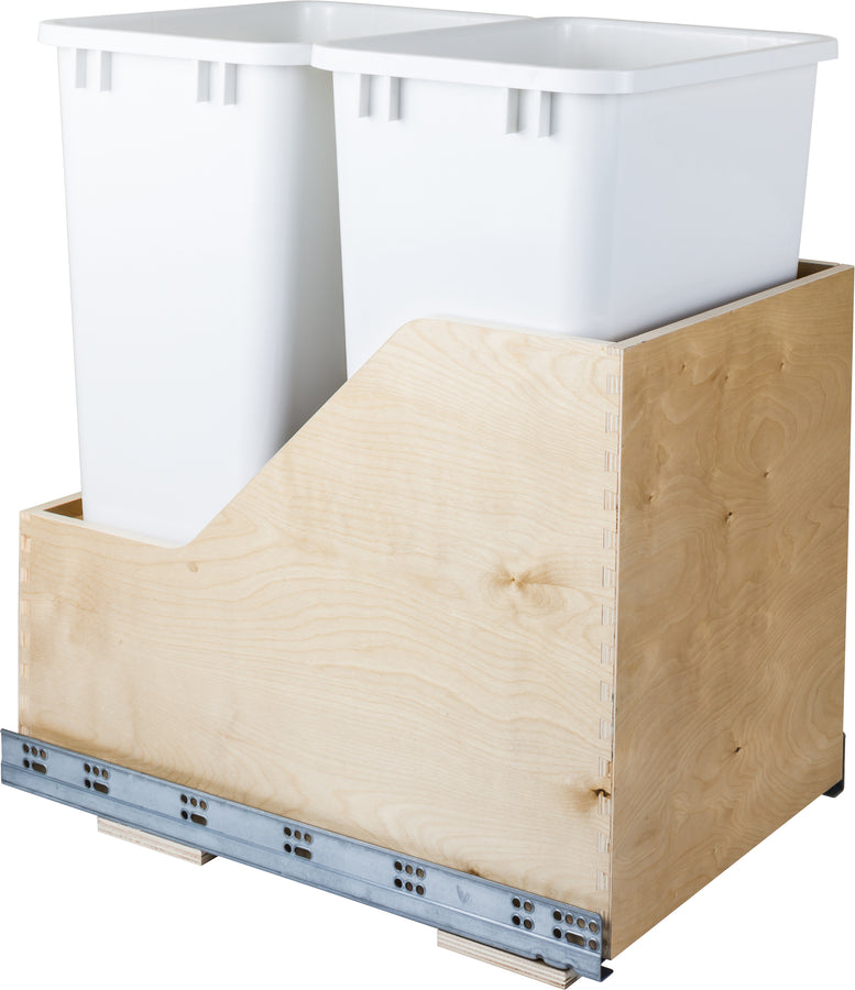 Double 50 Quart Wood Bottom-Mount Soft-close Trashcan Rollout for Hinged Doors, Includes  Cans