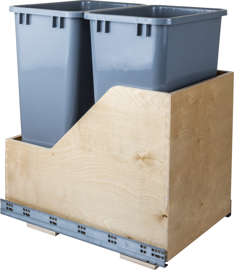 Double 50 Quart Wood Bottom-Mount Soft-close Trashcan Rollout for Hinged Doors, Includes  Cans